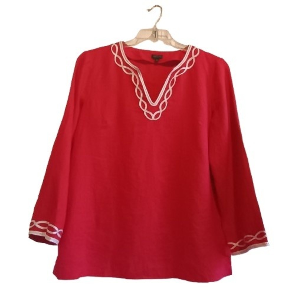 Talbots Red Linen Top Women's Medium Embroidered V Neck Long Sleeve Blouse